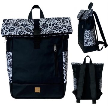 Fekete-fehér virágos roll up laptop hátizsák/hátizsák