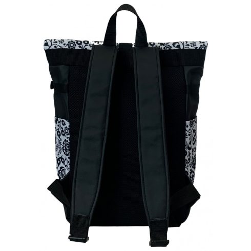 Fekete-fehér virágos roll up laptop hátizsák/hátizsák